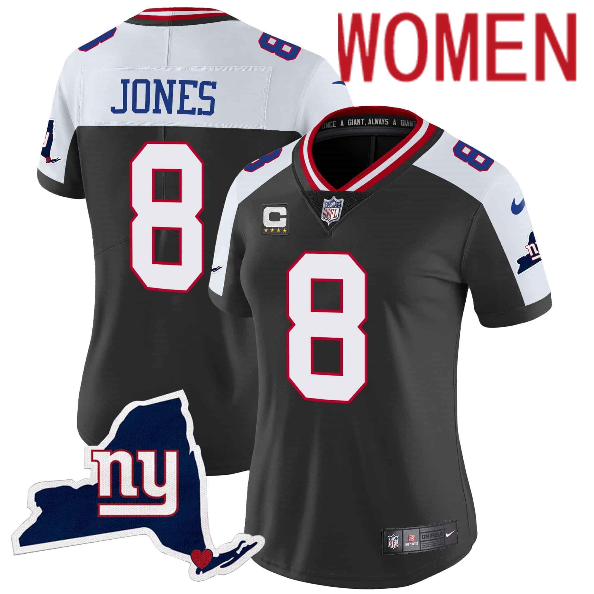 Women New York Giants #8 Jones Black 2024 Nike Map Patch Limited NFL Jersey